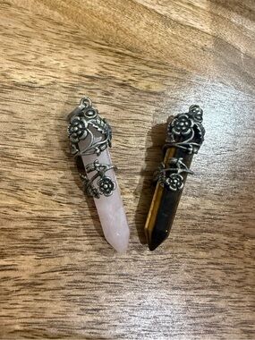 Set of 2 Hexagonal Crystal Pendants- Silver Tone Rose Wrapped Quartz & Tiger Eye